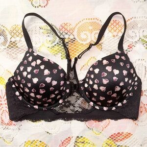 Maidenform black w/ pink hearts lace racerback bra w/front snap closure, 34B
